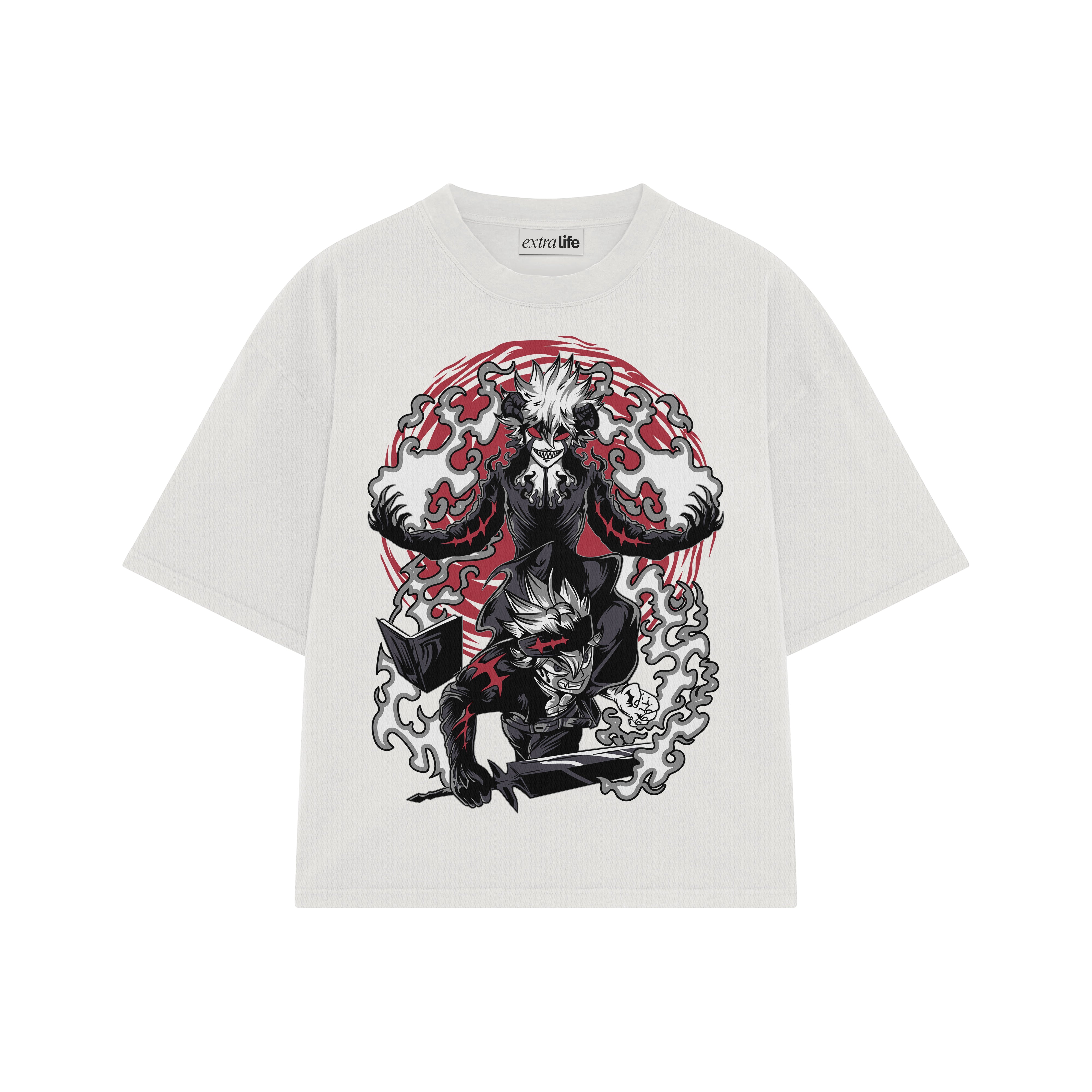 Playera streetwear premium de anime y gaming ExtraLife MX, corte boxy oversized drop shoulder heavyweight en color Deep Black y Off-White, moda urbana mexicana de culto.