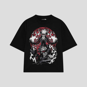 Playera streetwear premium de anime y gaming ExtraLife MX, corte boxy oversized drop shoulder heavyweight en color Deep Black y Off-White, moda urbana mexicana de culto.