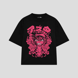 Playera streetwear premium de anime y gaming ExtraLife MX, corte boxy oversized drop shoulder heavyweight en color Deep Black y Off-White, moda urbana mexicana de culto.