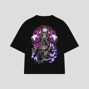 Playera streetwear premium de anime y gaming ExtraLife MX, corte boxy oversized drop shoulder heavyweight en color Deep Black y Off-White, moda urbana mexicana de culto.