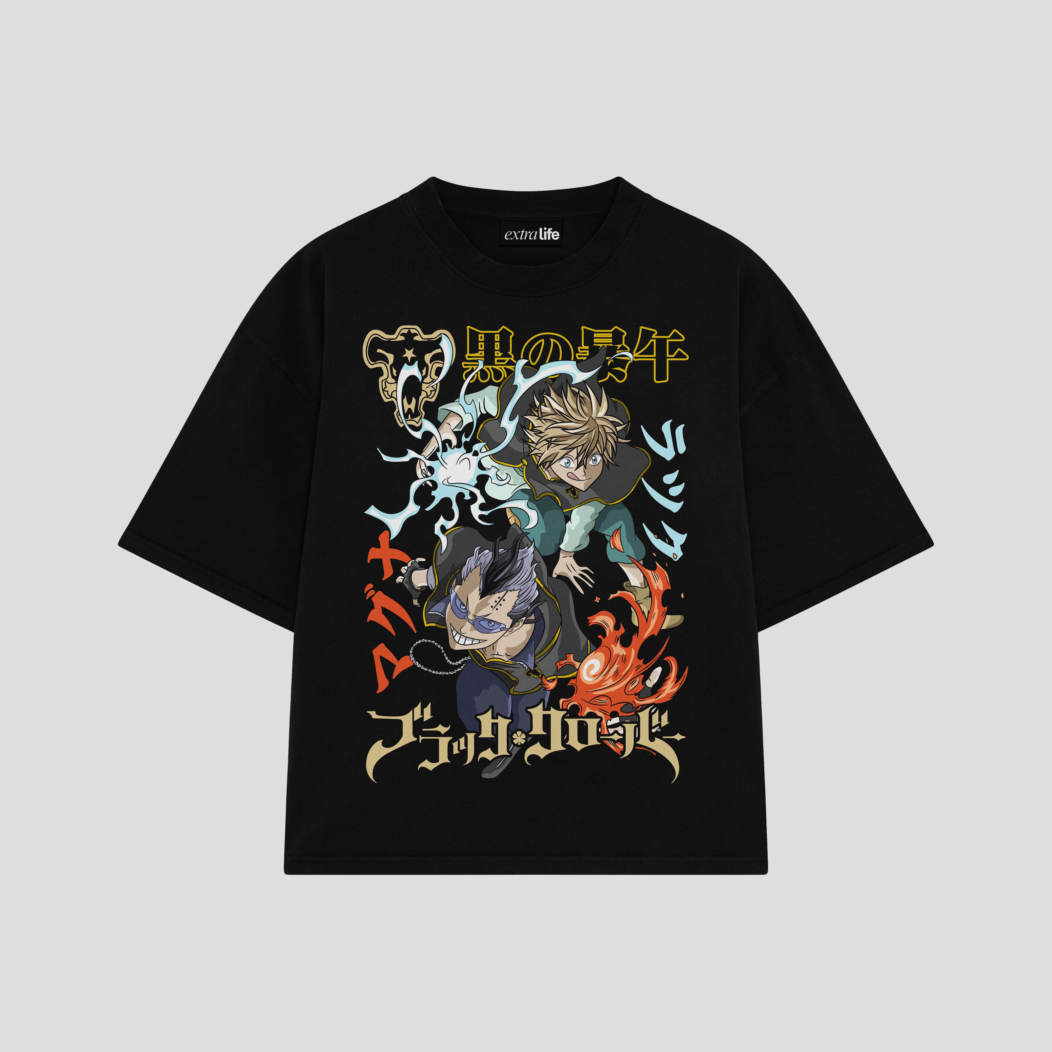 Playera streetwear premium de anime y gaming ExtraLife MX, corte boxy oversized drop shoulder heavyweight en color Deep Black y Off-White, moda urbana mexicana de culto.