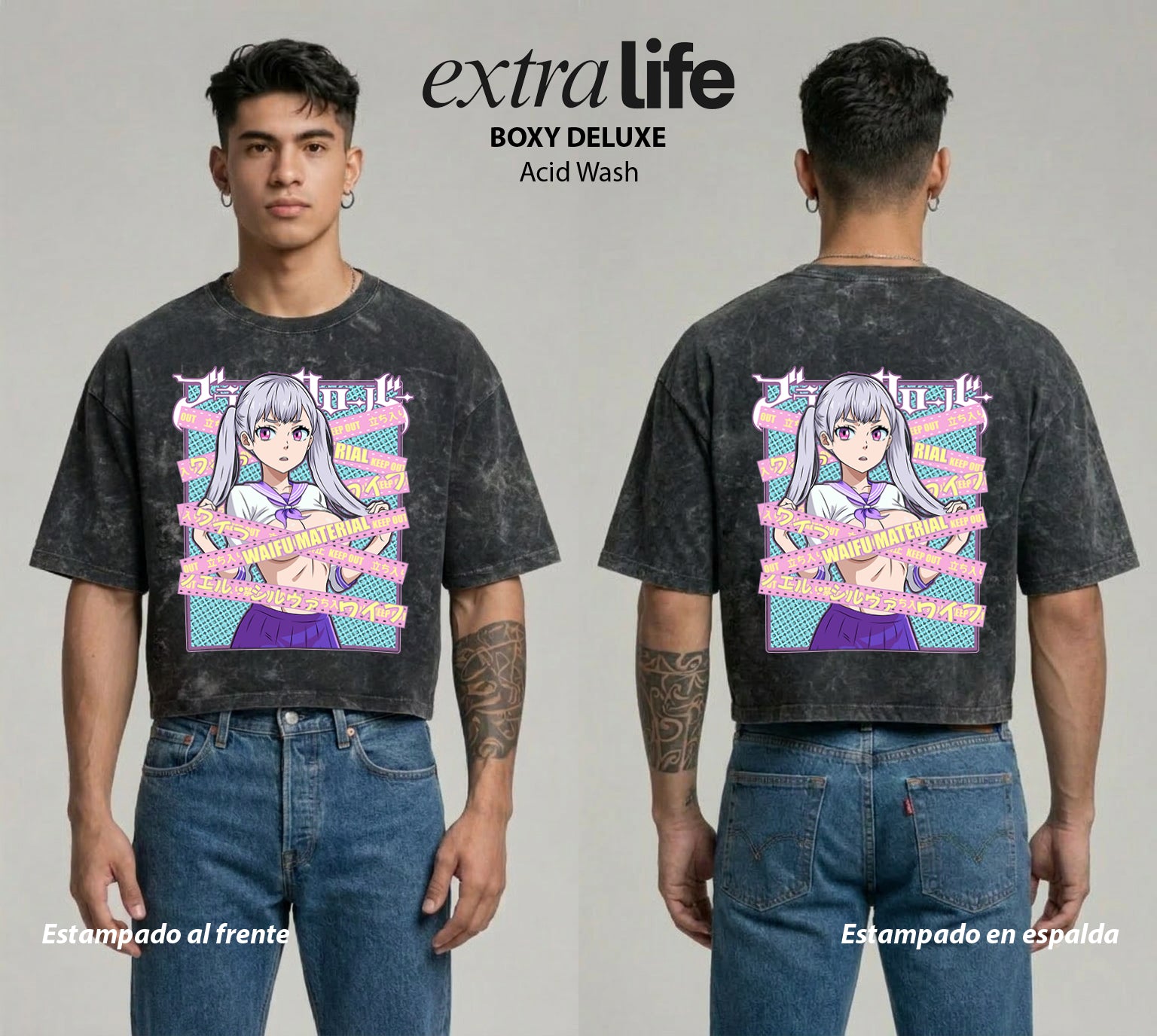 Playera streetwear premium de anime y gaming ExtraLife MX, corte boxy deluxe mineral wash heavyweight en color Acid Wash, moda urbana mexicana de culto.