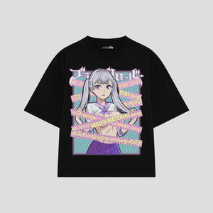 Playera streetwear premium de anime y gaming ExtraLife MX, corte boxy oversized drop shoulder heavyweight en color Deep Black y Off-White, moda urbana mexicana de culto.