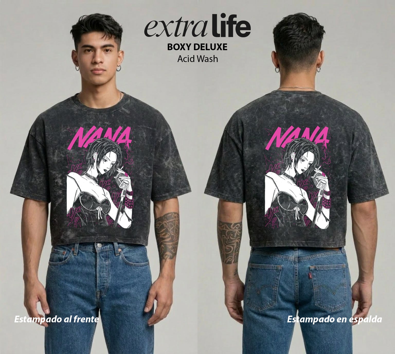Playera streetwear premium de anime y gaming ExtraLife MX, corte boxy deluxe mineral wash heavyweight en color Acid Wash, moda urbana mexicana de culto.