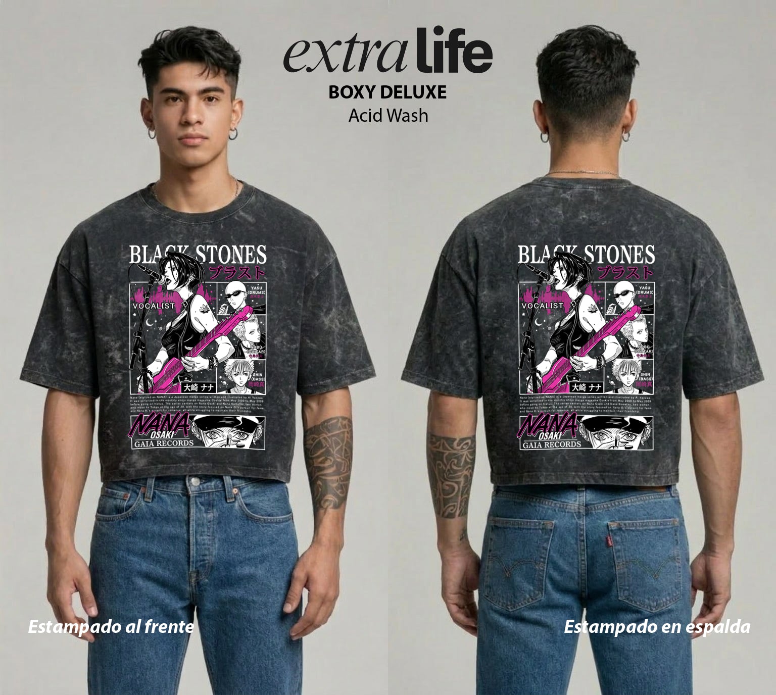 Playera streetwear premium de anime y gaming ExtraLife MX, corte boxy deluxe mineral wash heavyweight en color Acid Wash, moda urbana mexicana de culto.