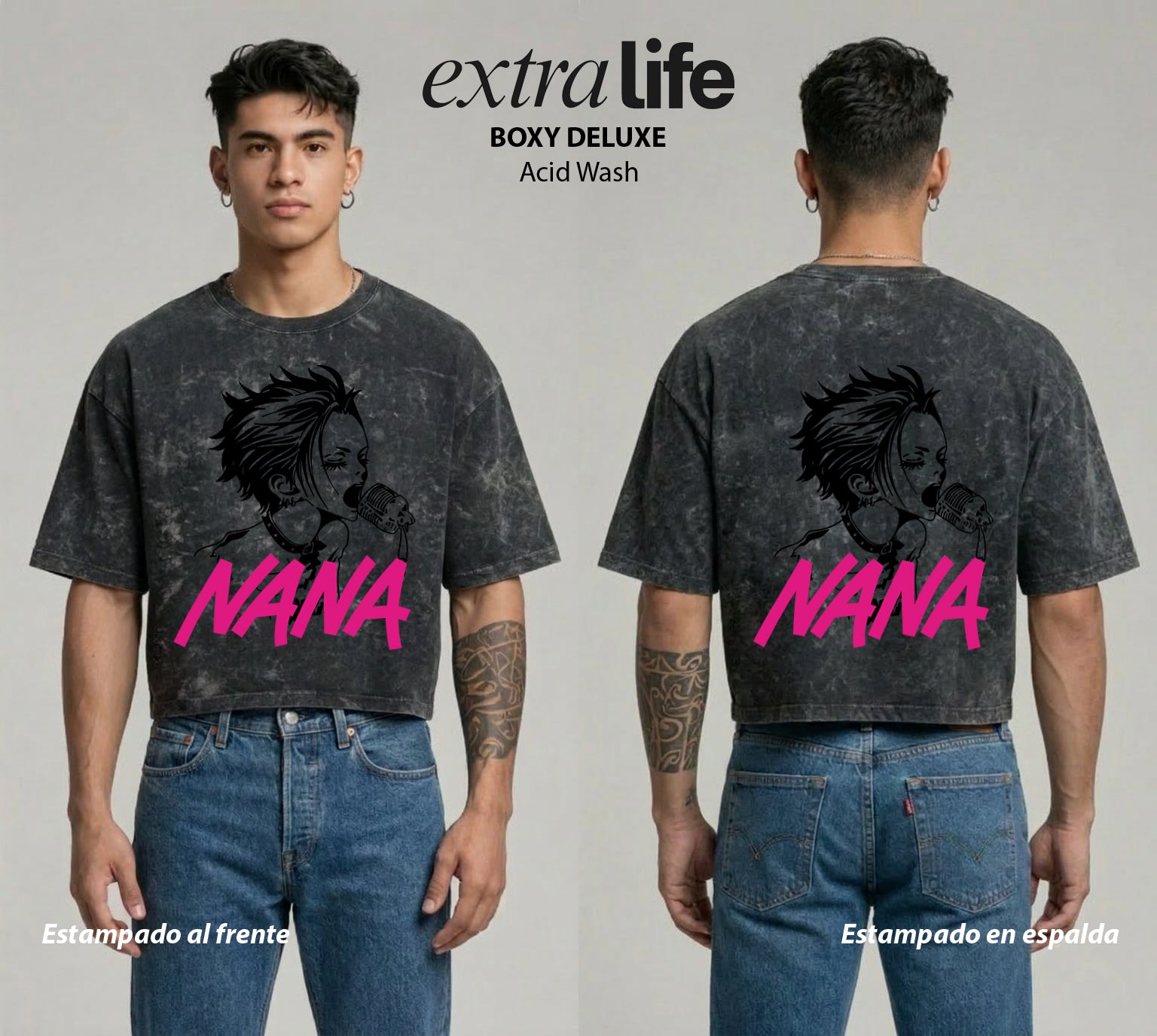 Playera streetwear premium de anime y gaming ExtraLife MX, corte boxy deluxe mineral wash heavyweight en color Acid Wash, moda urbana mexicana de culto.