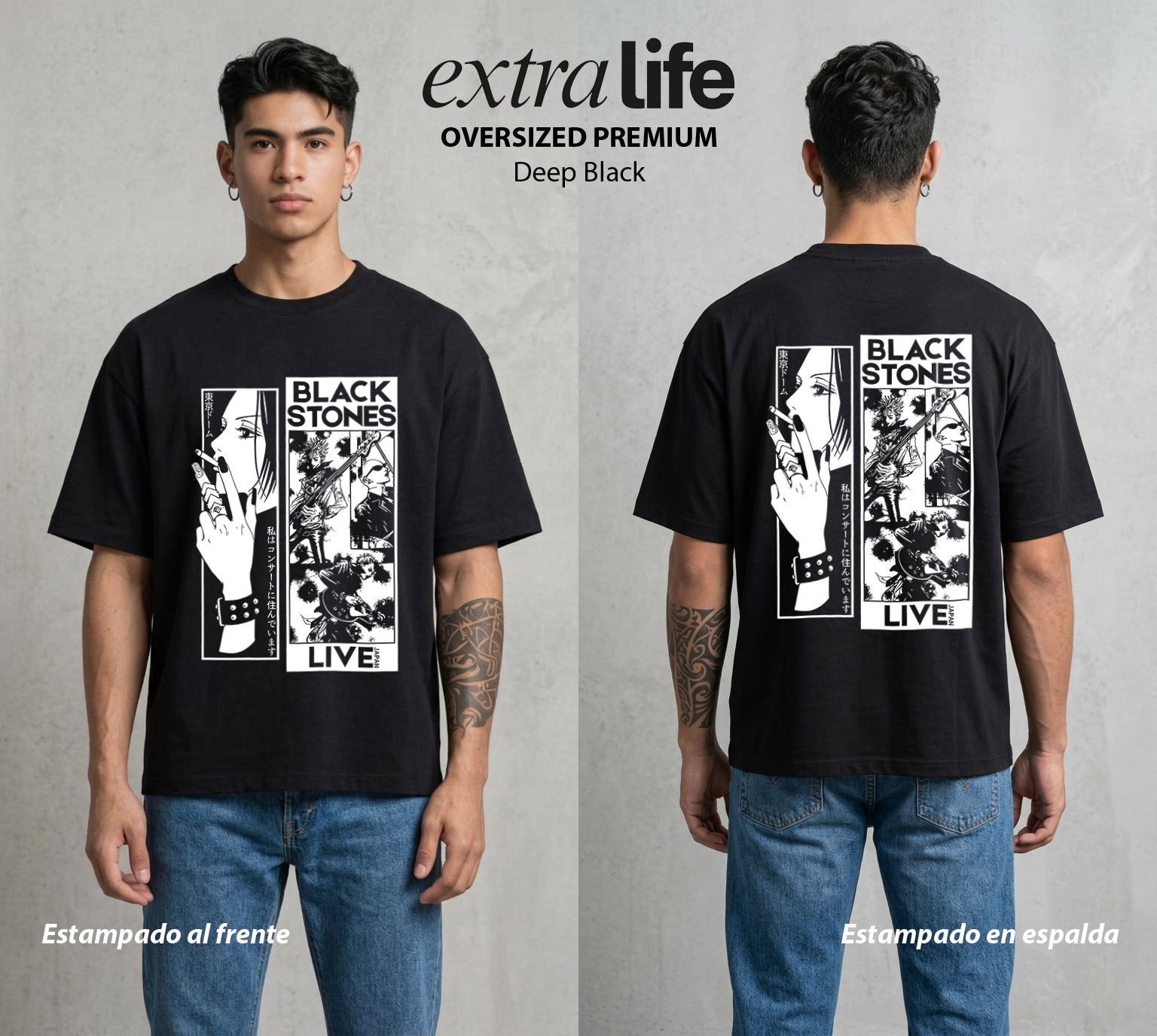 Dos Destinos Un Nombre | Black Stones #00250 - Playera Oversized Premium | Deep Black - Foto en modelo