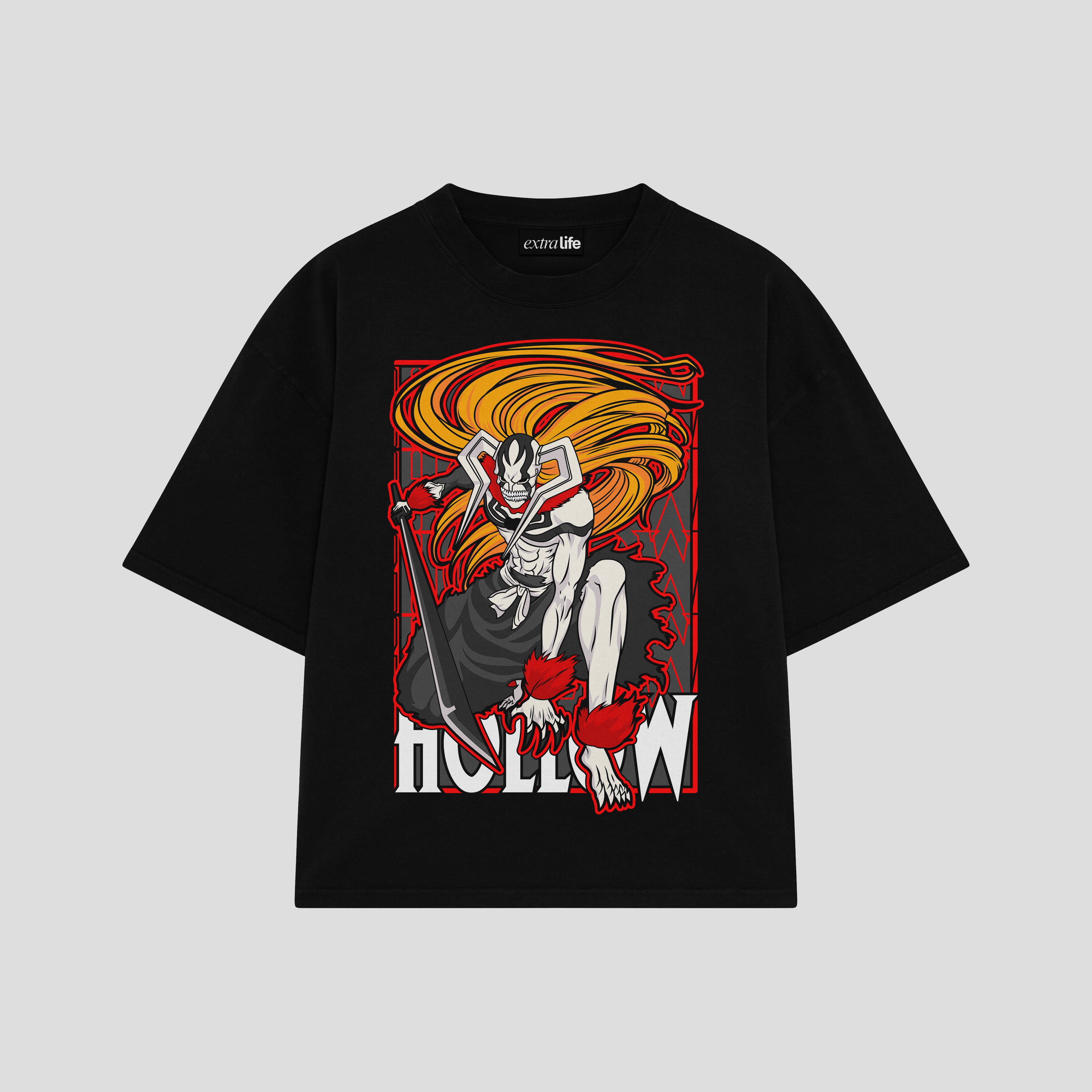Playera streetwear premium de anime y gaming ExtraLife MX, corte boxy oversized drop shoulder heavyweight en color Deep Black y Off-White, moda urbana mexicana de culto.