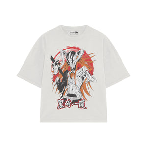 Playera streetwear premium de anime y gaming ExtraLife MX, corte boxy oversized drop shoulder heavyweight en color Deep Black y Off-White, moda urbana mexicana de culto.