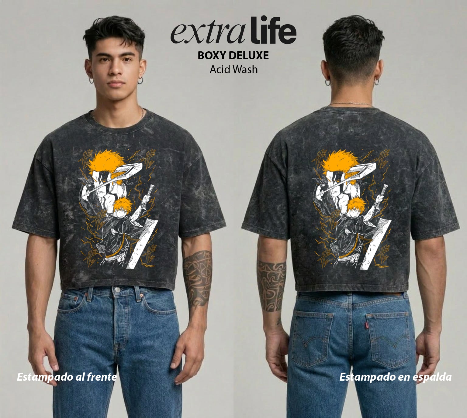 Playera streetwear premium de anime y gaming ExtraLife MX, corte boxy deluxe mineral wash heavyweight en color Acid Wash, moda urbana mexicana de culto.