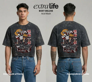Playera streetwear premium de anime y gaming ExtraLife MX, corte boxy deluxe mineral wash heavyweight en color Acid Wash, moda urbana mexicana de culto.