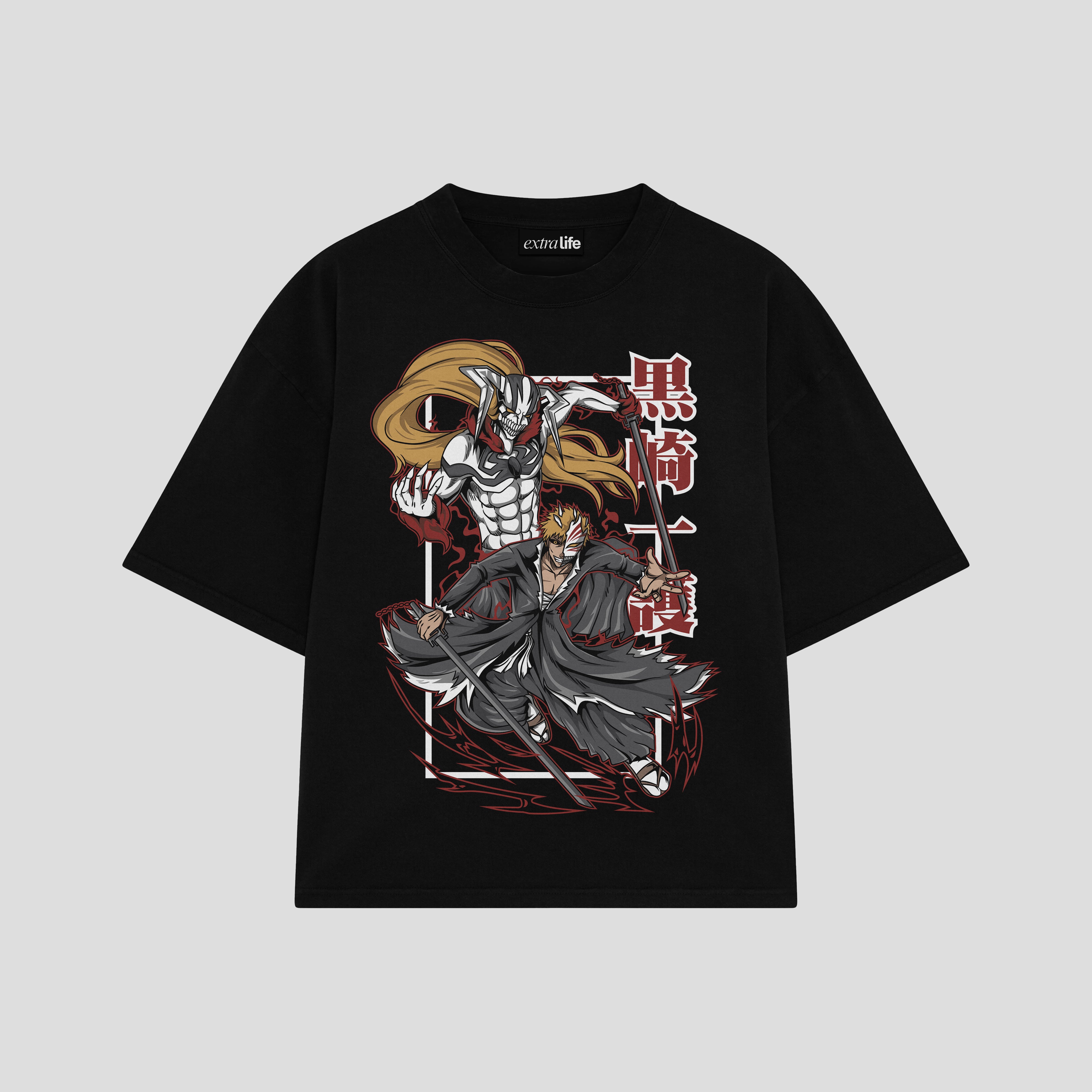 Playera streetwear premium de anime y gaming ExtraLife MX, corte boxy oversized drop shoulder heavyweight en color Deep Black y Off-White, moda urbana mexicana de culto.