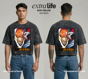 Playera streetwear premium de anime y gaming ExtraLife MX, corte boxy deluxe mineral wash heavyweight en color Acid Wash, moda urbana mexicana de culto.