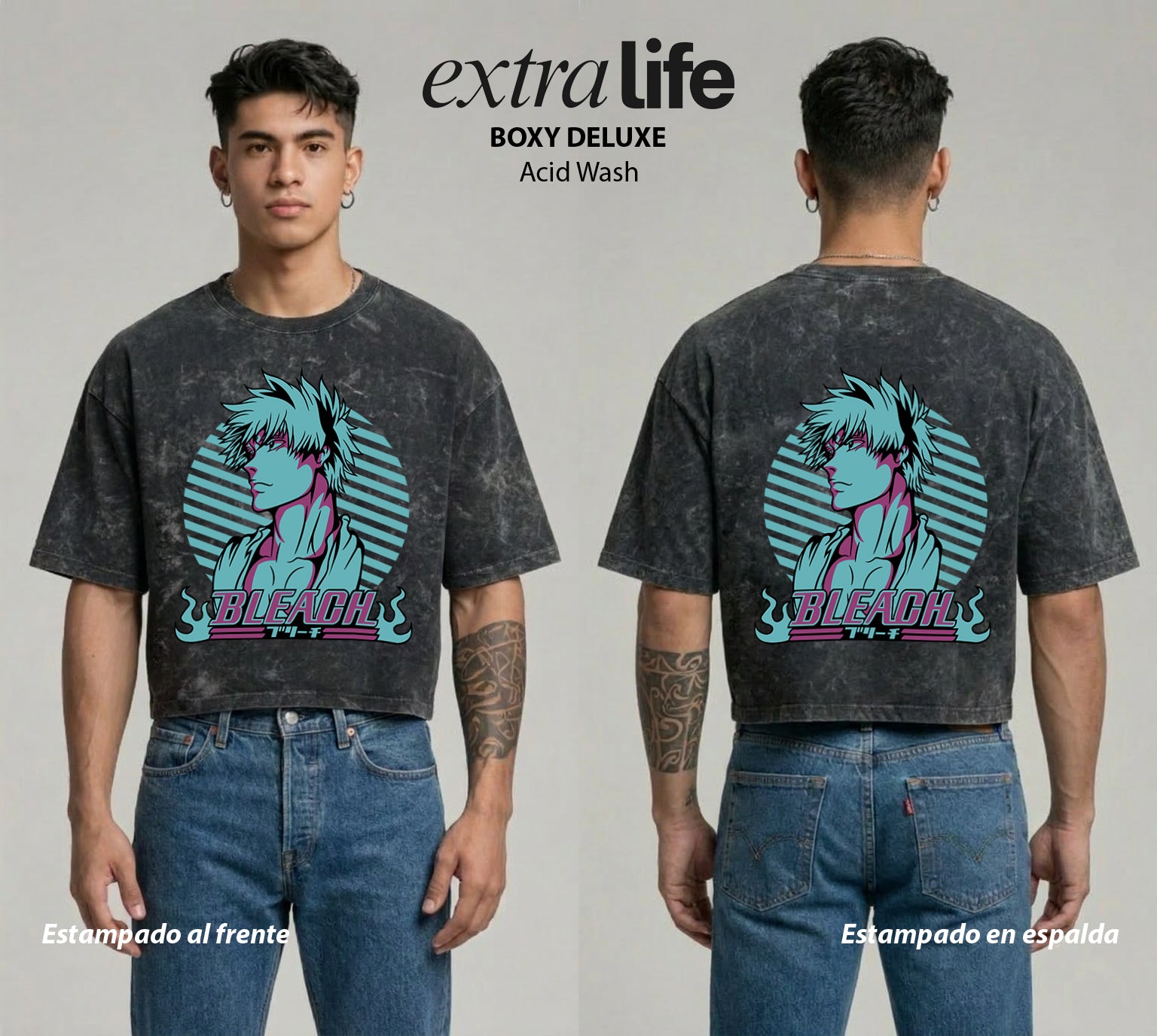 Playera streetwear premium de anime y gaming ExtraLife MX, corte boxy deluxe mineral wash heavyweight en color Acid Wash, moda urbana mexicana de culto.
