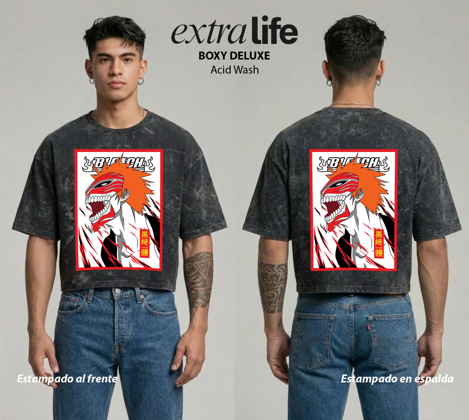 Playera streetwear premium de anime y gaming ExtraLife MX, corte boxy deluxe mineral wash heavyweight en color Acid Wash, moda urbana mexicana de culto.