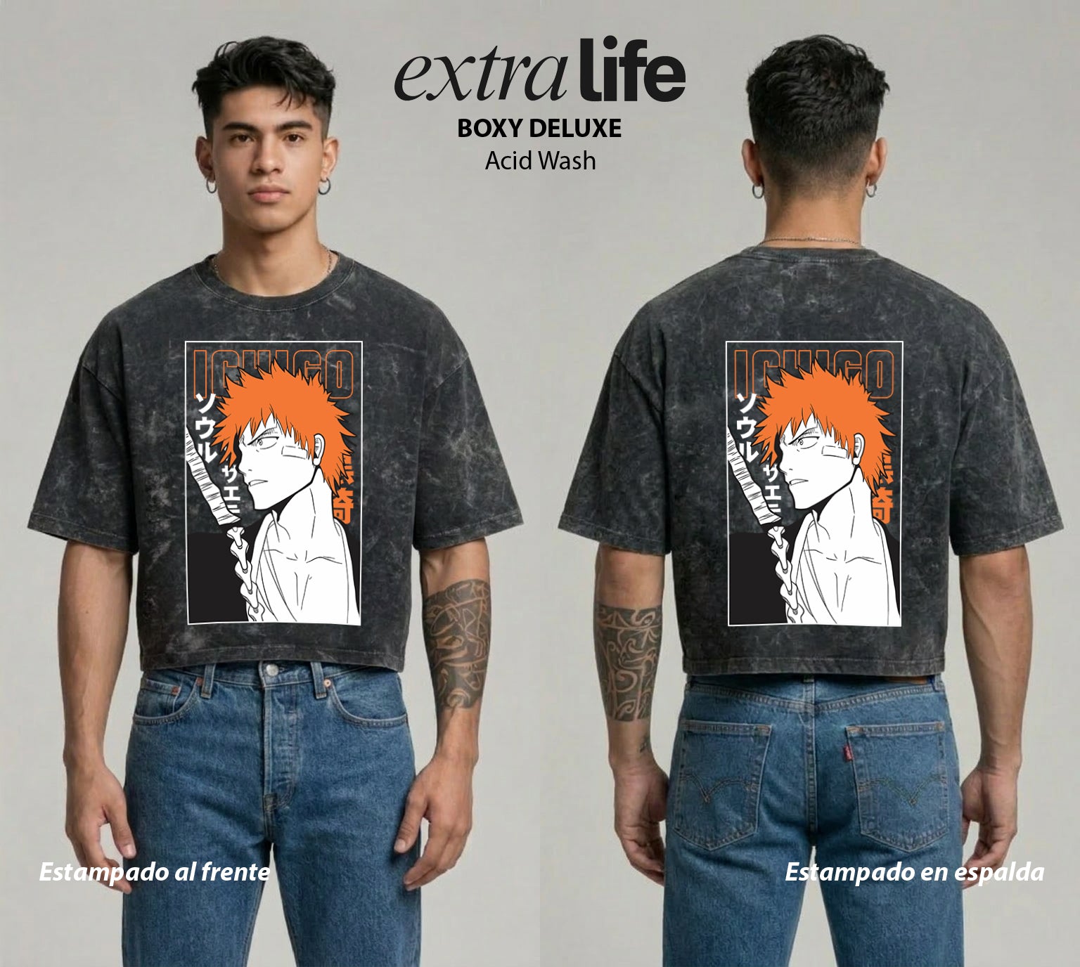 Playera streetwear premium de anime y gaming ExtraLife MX, corte boxy deluxe mineral wash heavyweight en color Acid Wash, moda urbana mexicana de culto.