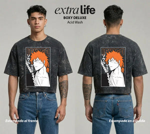 Playera streetwear premium de anime y gaming ExtraLife MX, corte boxy deluxe mineral wash heavyweight en color Acid Wash, moda urbana mexicana de culto.