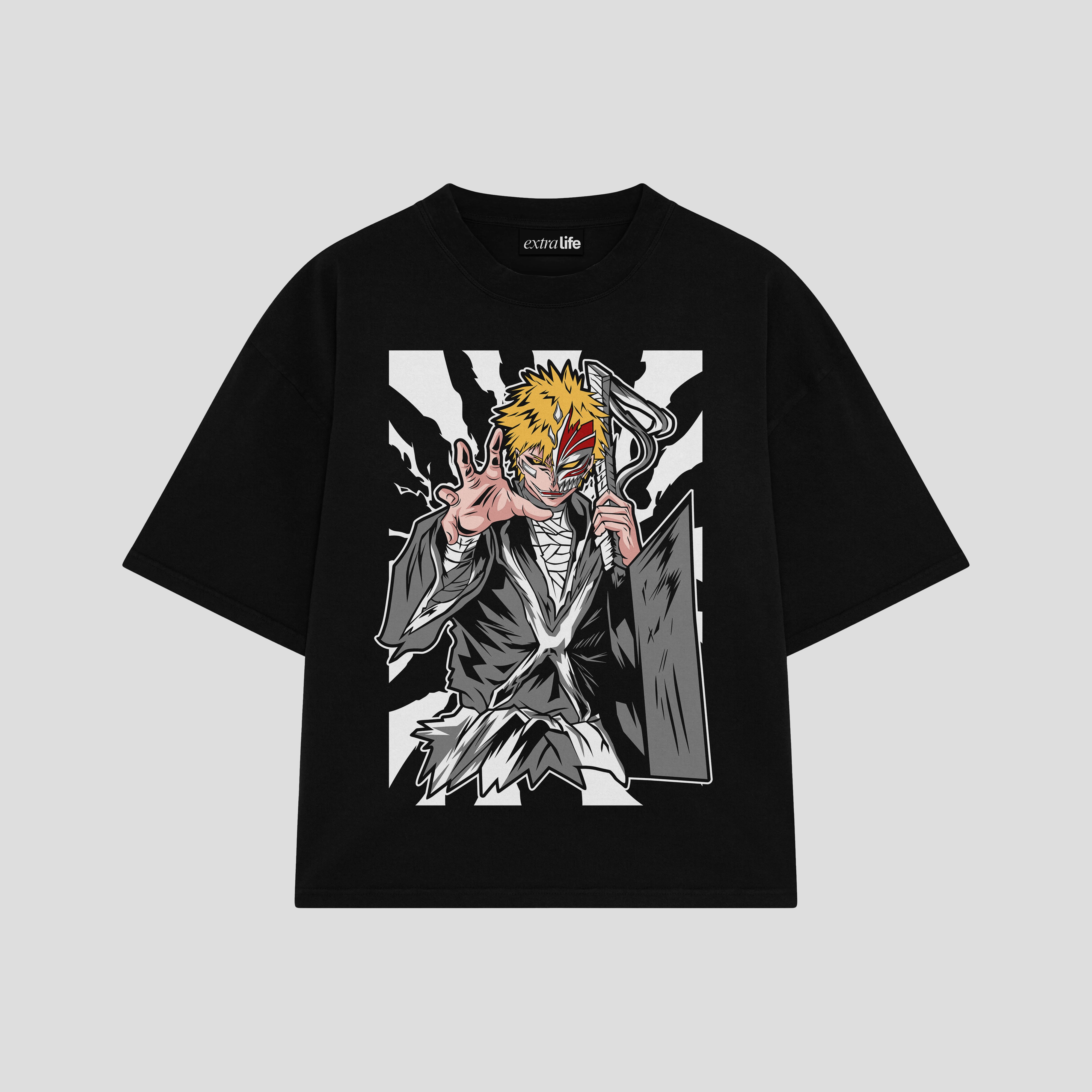 Playera streetwear premium de anime y gaming ExtraLife MX, corte boxy oversized drop shoulder heavyweight en color Deep Black y Off-White, moda urbana mexicana de culto.