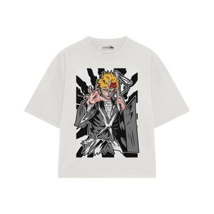 Playera streetwear premium de anime y gaming ExtraLife MX, corte boxy oversized drop shoulder heavyweight en color Deep Black y Off-White, moda urbana mexicana de culto.