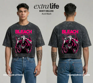 Playera streetwear premium de anime y gaming ExtraLife MX, corte boxy deluxe mineral wash heavyweight en color Acid Wash, moda urbana mexicana de culto.