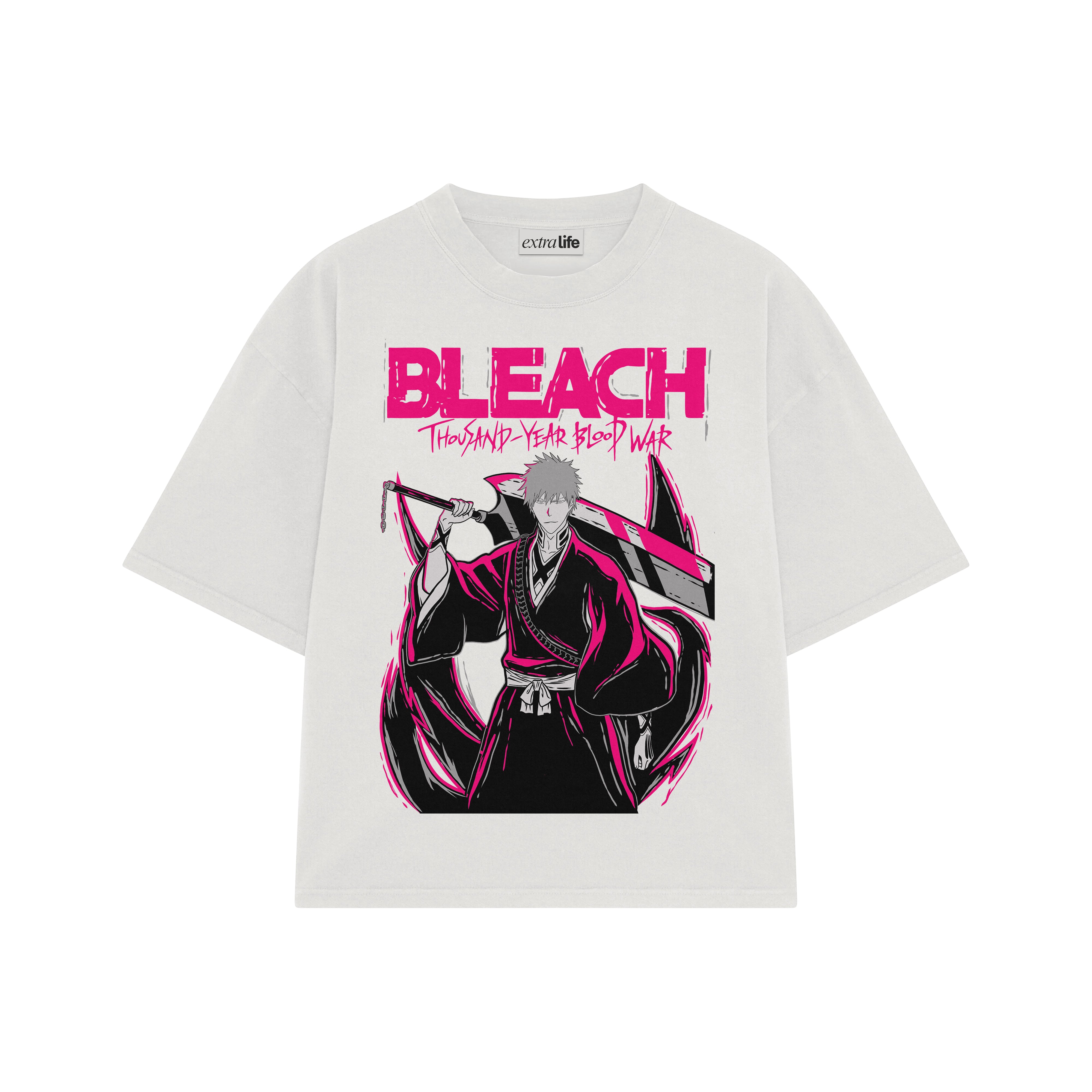 Playera streetwear premium de anime y gaming ExtraLife MX, corte boxy oversized drop shoulder heavyweight en color Deep Black y Off-White, moda urbana mexicana de culto.