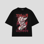Playera streetwear premium de anime y gaming ExtraLife MX, corte boxy oversized drop shoulder heavyweight en color Deep Black y Off-White, moda urbana mexicana de culto.