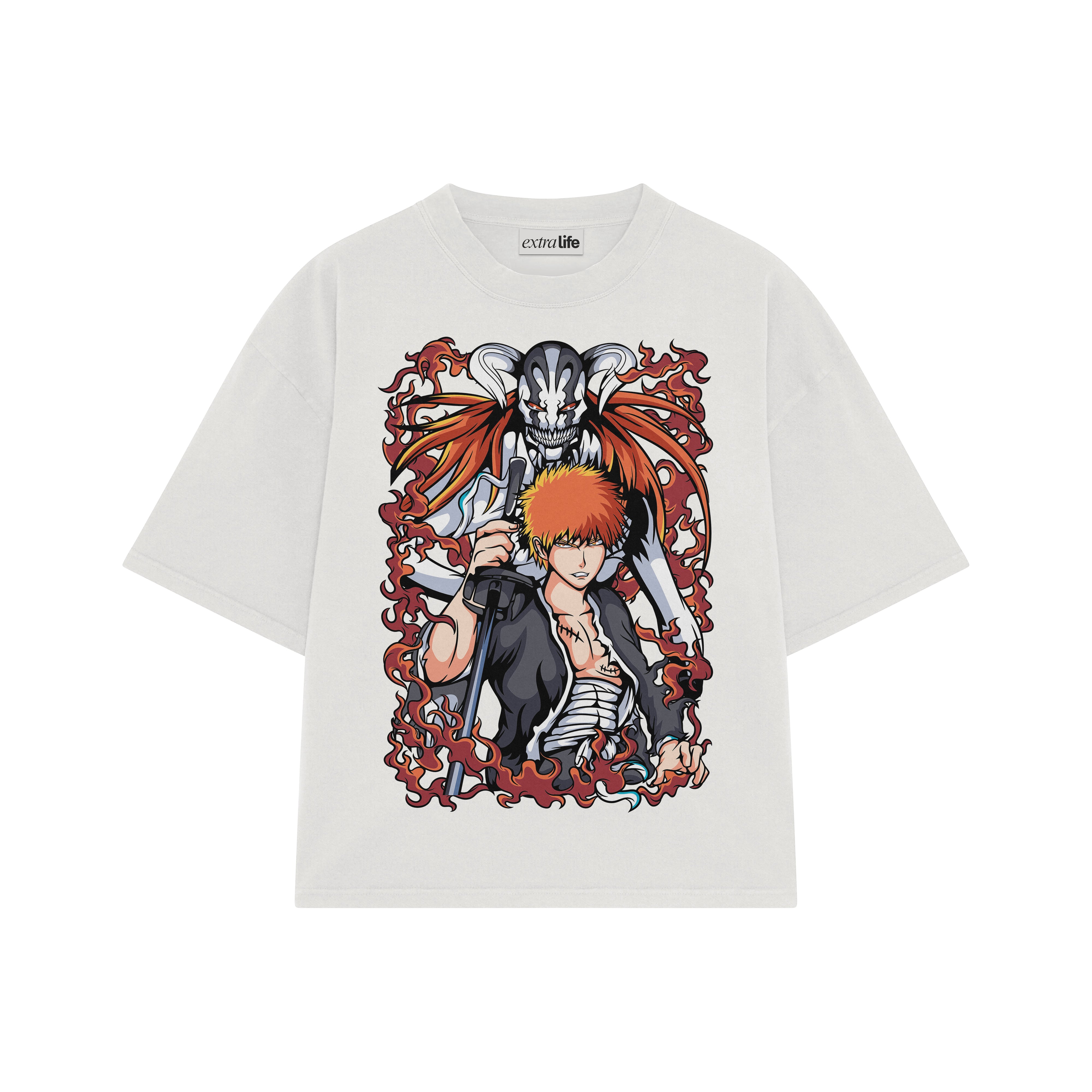 Playera streetwear premium de anime y gaming ExtraLife MX, corte boxy oversized drop shoulder heavyweight en color Deep Black y Off-White, moda urbana mexicana de culto.