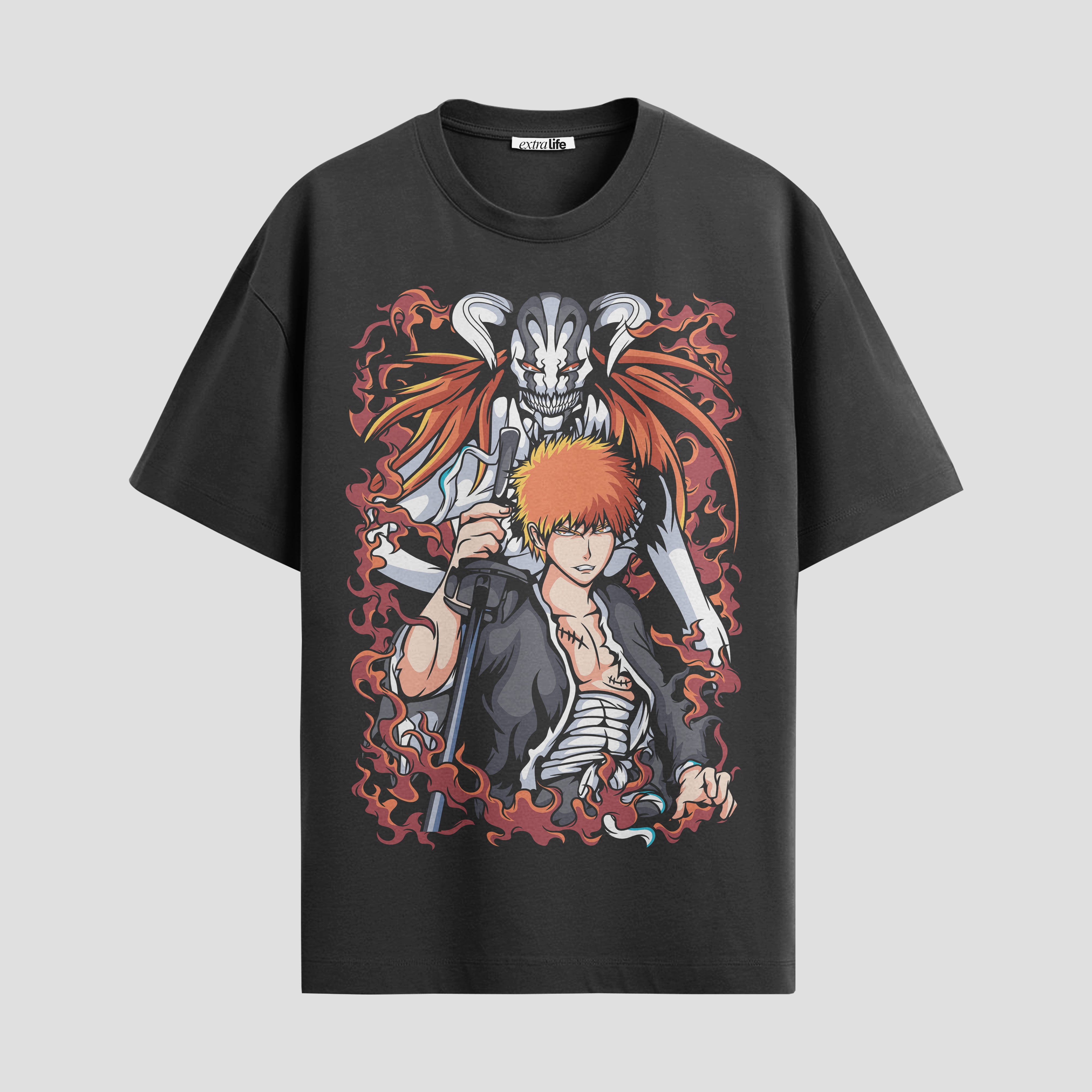 Playera urbana de anime y gaming ExtraLife MX, corte Standard Fit unisex ligero y transpirable en color Deep Black y Pure White, ropa de uso diario para gym y casual.