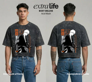 Playera streetwear premium de anime y gaming ExtraLife MX, corte boxy deluxe mineral wash heavyweight en color Acid Wash, moda urbana mexicana de culto.