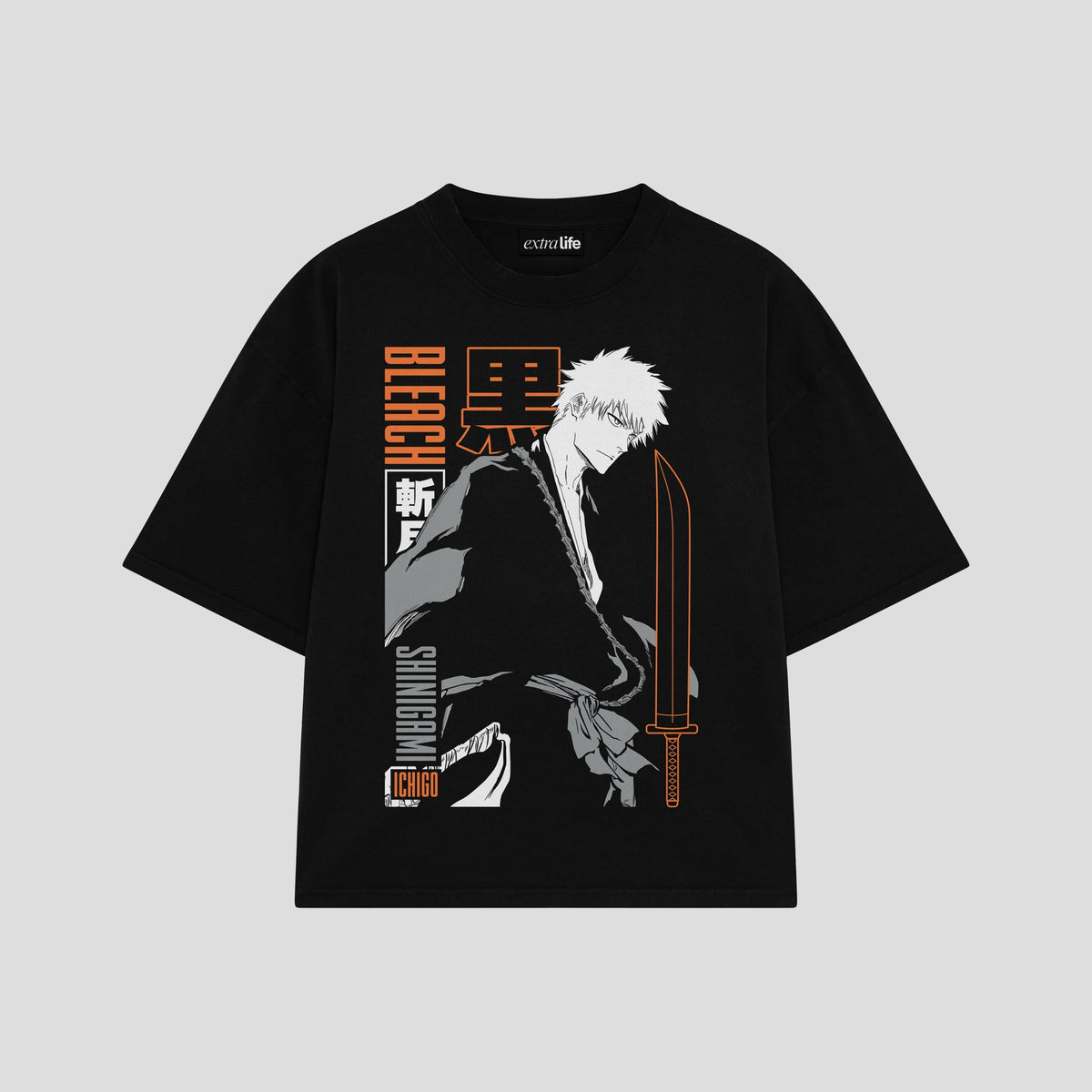Playera streetwear premium de anime y gaming ExtraLife MX, corte oversized drop shoulder ligero y fresco en color Deep Black y Off-White, moda urbana mexicana de culto.
