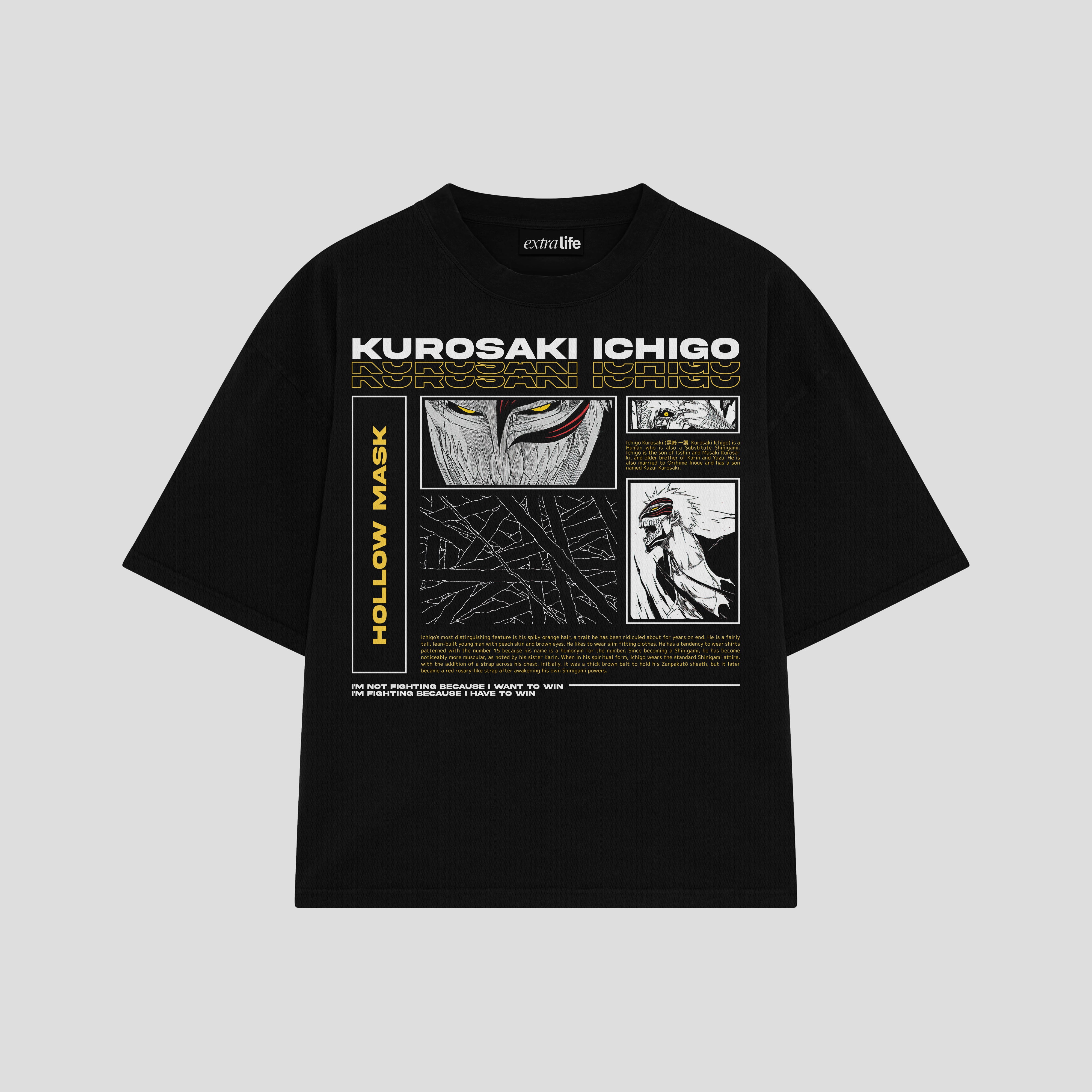 Playera streetwear premium de anime y gaming ExtraLife MX, corte boxy oversized drop shoulder heavyweight en color Deep Black y Off-White, moda urbana mexicana de culto.