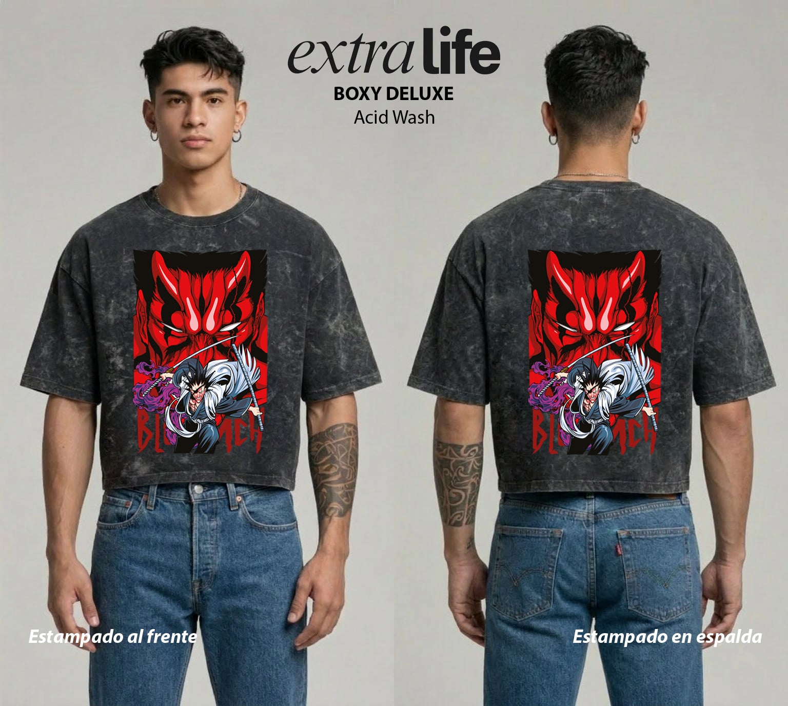 Playera streetwear premium de anime y gaming ExtraLife MX, corte boxy deluxe mineral wash heavyweight en color Acid Wash, moda urbana mexicana de culto.