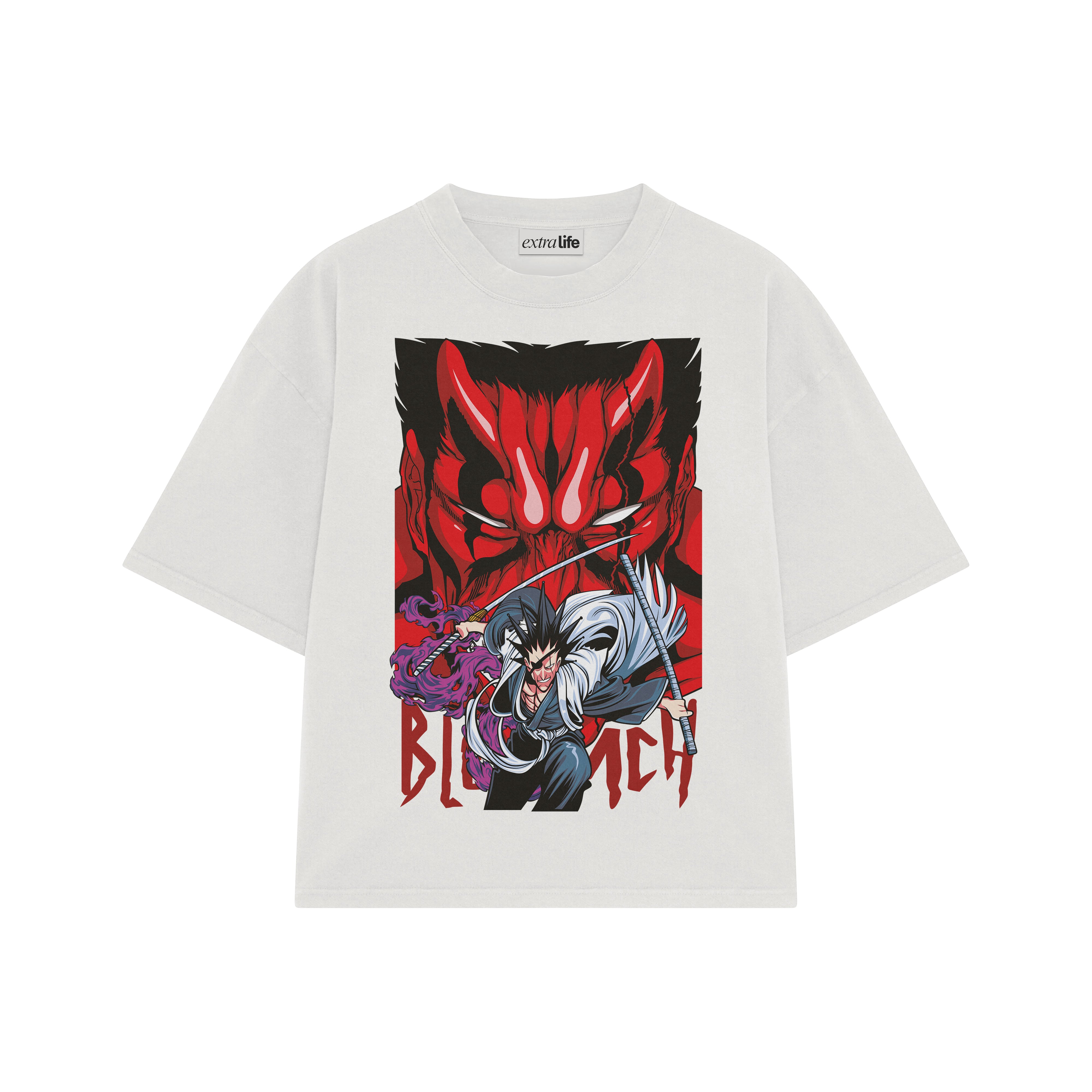 Playera streetwear premium de anime y gaming ExtraLife MX, corte boxy oversized drop shoulder heavyweight en color Deep Black y Off-White, moda urbana mexicana de culto.