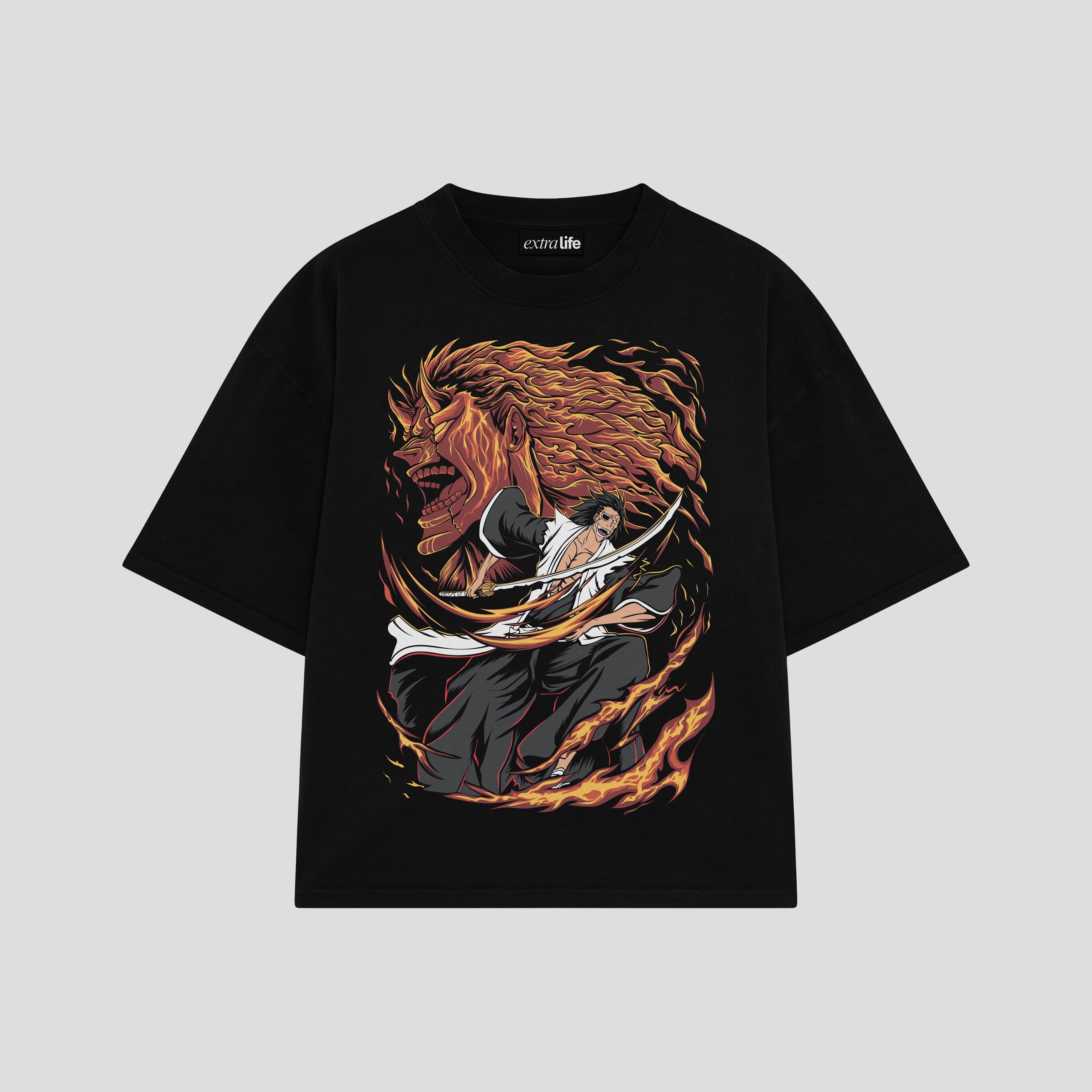 Playera streetwear premium de anime y gaming ExtraLife MX, corte boxy oversized drop shoulder heavyweight en color Deep Black y Off-White, moda urbana mexicana de culto.