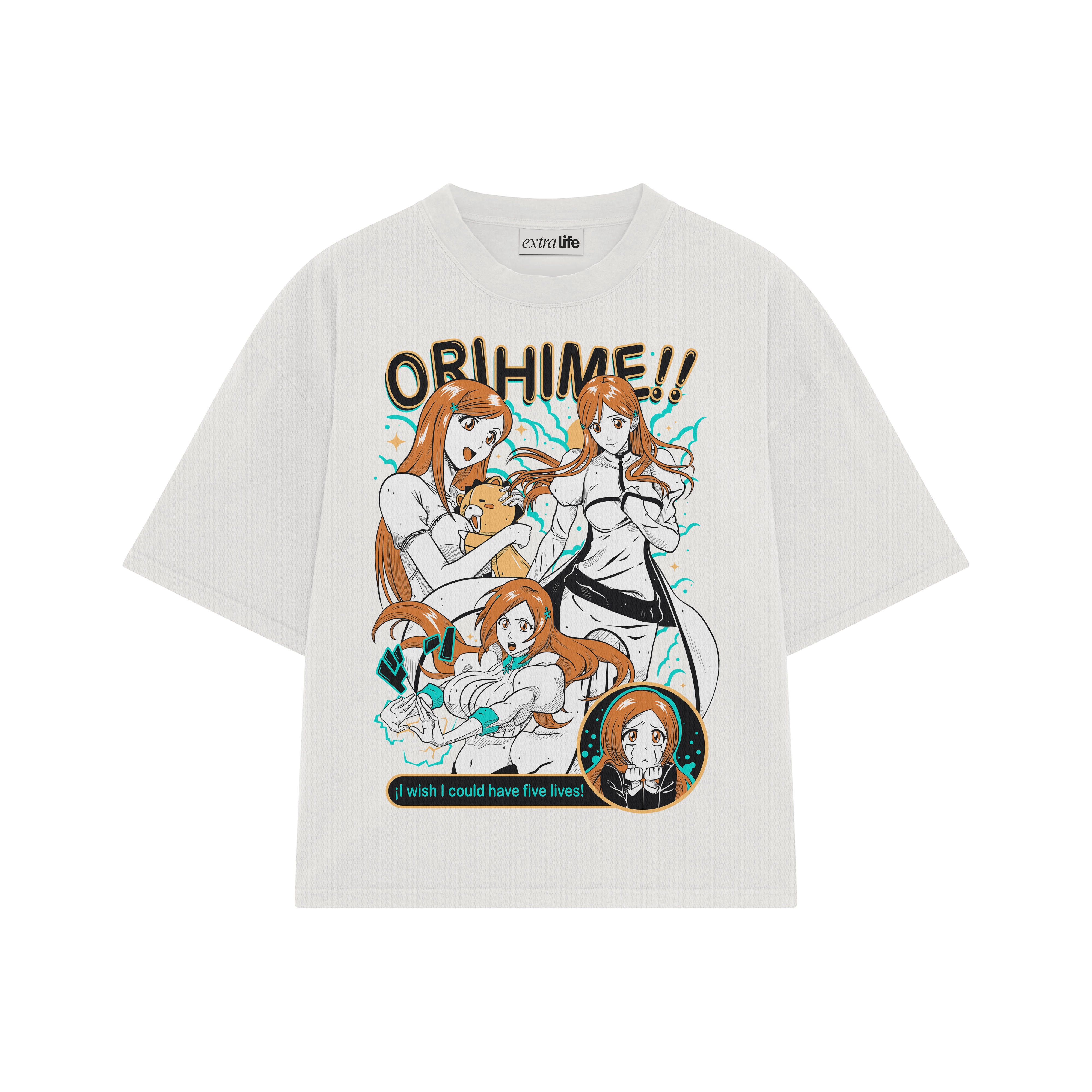 Playera streetwear premium de anime y gaming ExtraLife MX, corte boxy oversized drop shoulder heavyweight en color Deep Black y Off-White, moda urbana mexicana de culto.