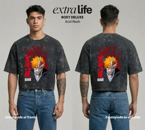 Playera streetwear premium de anime y gaming ExtraLife MX, corte boxy deluxe mineral wash heavyweight en color Acid Wash, moda urbana mexicana de culto.
