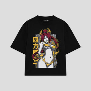 Playera streetwear premium de anime y gaming ExtraLife MX, corte boxy oversized drop shoulder heavyweight en color Deep Black y Off-White, moda urbana mexicana de culto.