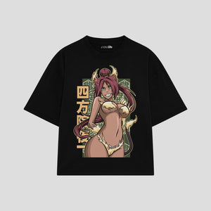 Playera streetwear premium de anime y gaming ExtraLife MX, corte boxy oversized drop shoulder heavyweight en color Deep Black y Off-White, moda urbana mexicana de culto.