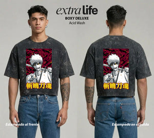 Playera streetwear premium de anime y gaming ExtraLife MX, corte boxy deluxe mineral wash heavyweight en color Acid Wash, moda urbana mexicana de culto.