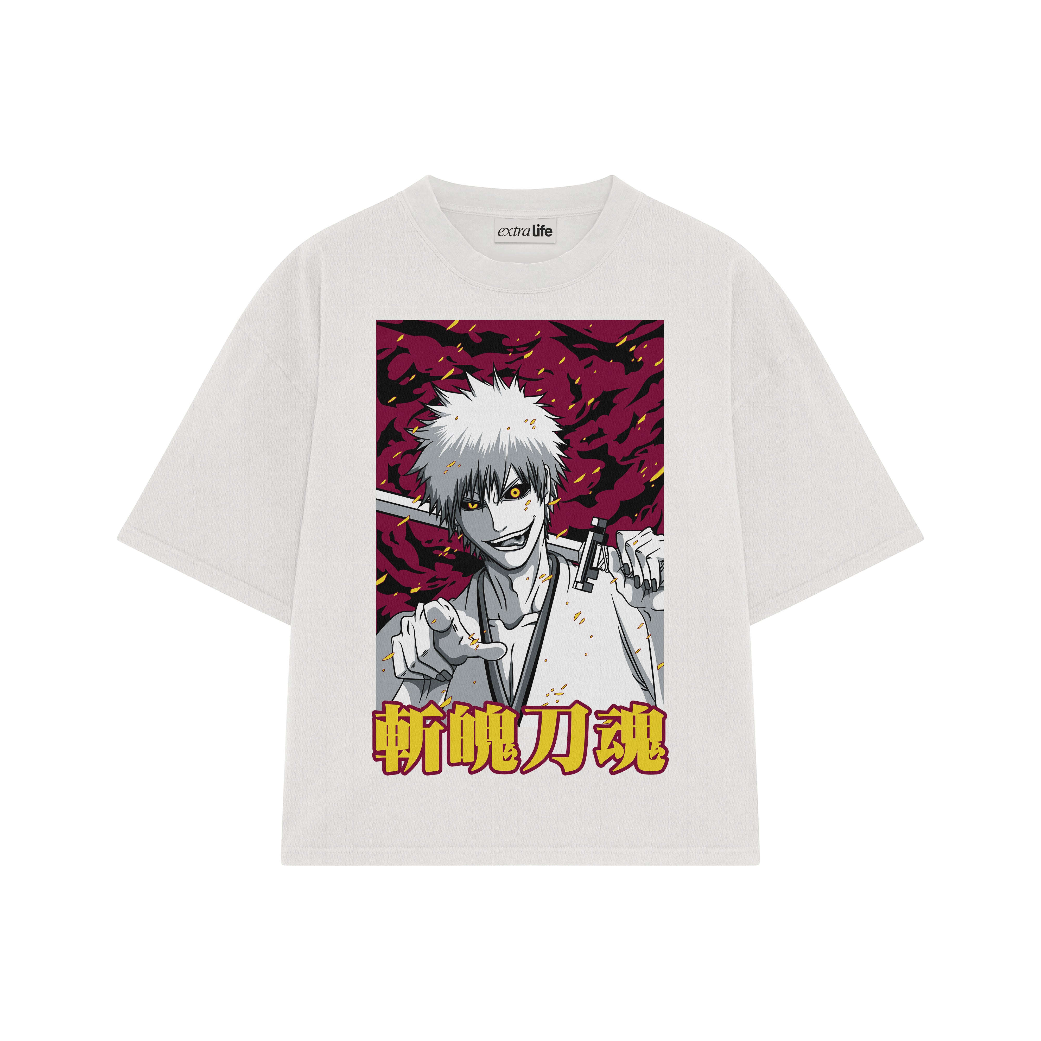 Playera streetwear premium de anime y gaming ExtraLife MX, corte boxy oversized drop shoulder heavyweight en color Deep Black y Off-White, moda urbana mexicana de culto.