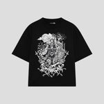 Playera streetwear premium de anime y gaming ExtraLife MX, corte boxy oversized drop shoulder heavyweight en color Deep Black y Off-White, moda urbana mexicana de culto.