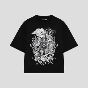 Playera streetwear premium de anime y gaming ExtraLife MX, corte boxy oversized drop shoulder heavyweight en color Deep Black y Off-White, moda urbana mexicana de culto.