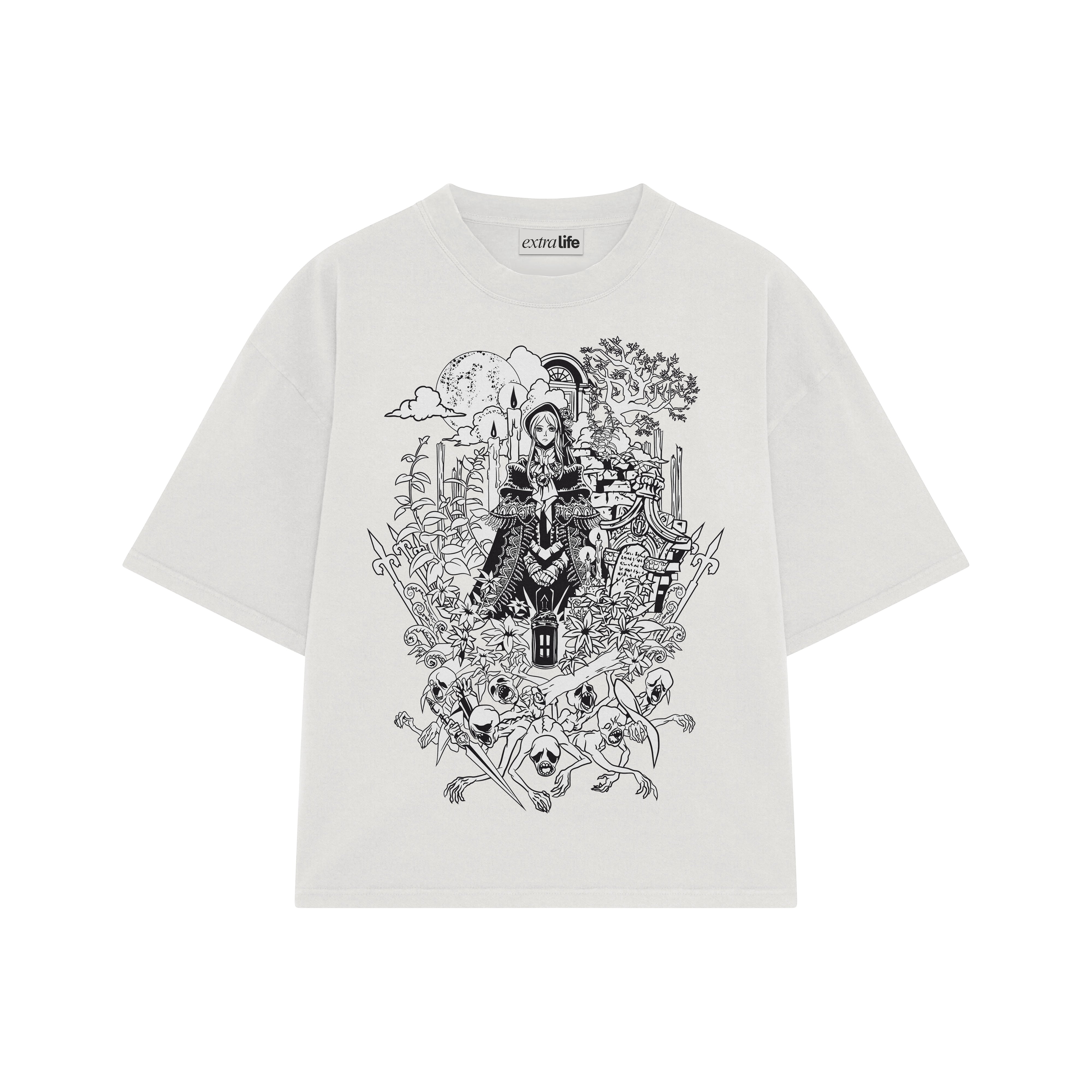 Playera streetwear premium de anime y gaming ExtraLife MX, corte boxy oversized drop shoulder heavyweight en color Deep Black y Off-White, moda urbana mexicana de culto.
