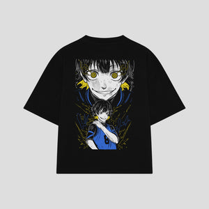 Playera streetwear premium de anime y gaming ExtraLife MX, corte boxy oversized drop shoulder heavyweight en color Deep Black y Off-White, moda urbana mexicana de culto.