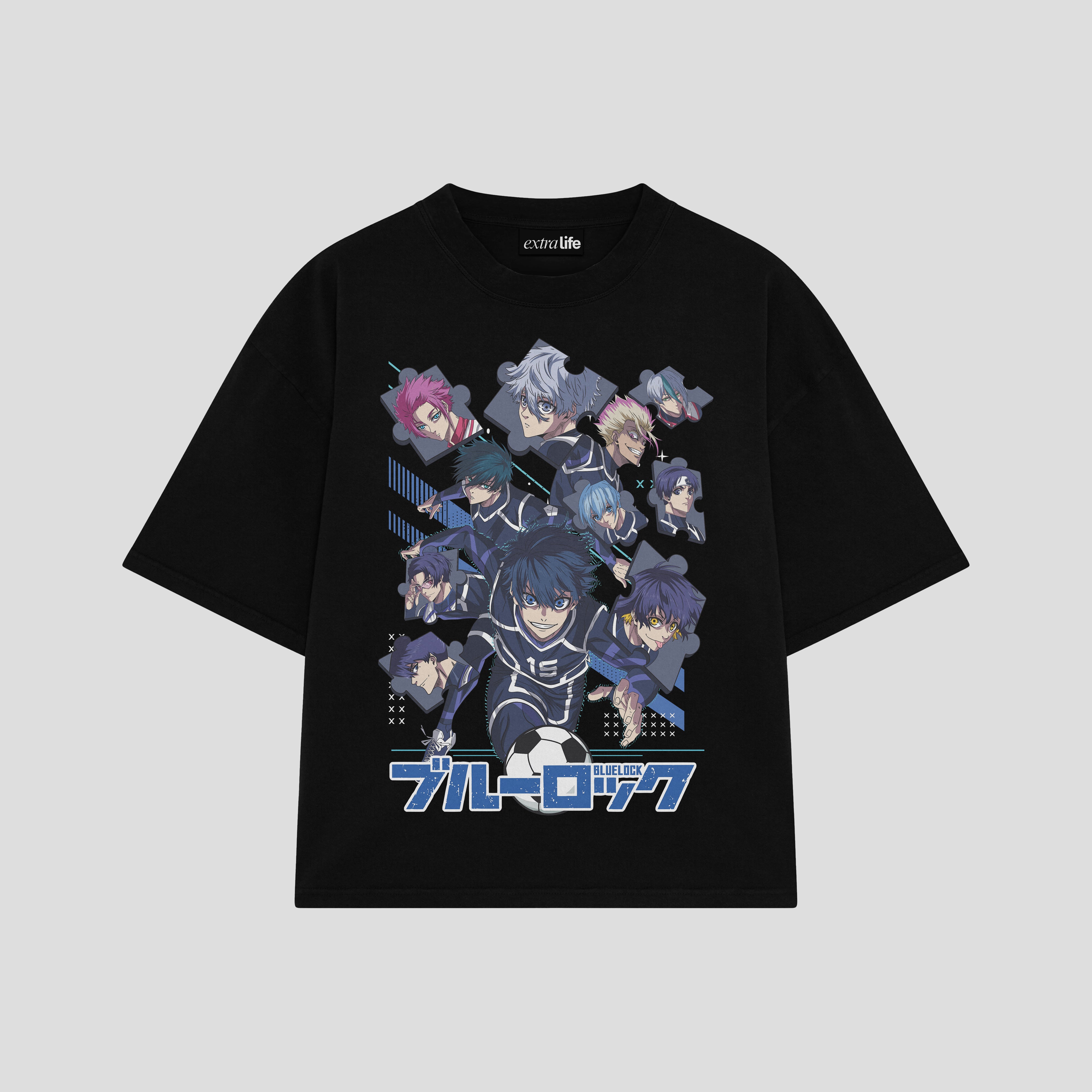 Playera streetwear premium de anime y gaming ExtraLife MX, corte boxy oversized drop shoulder heavyweight en color Deep Black y Off-White, moda urbana mexicana de culto.