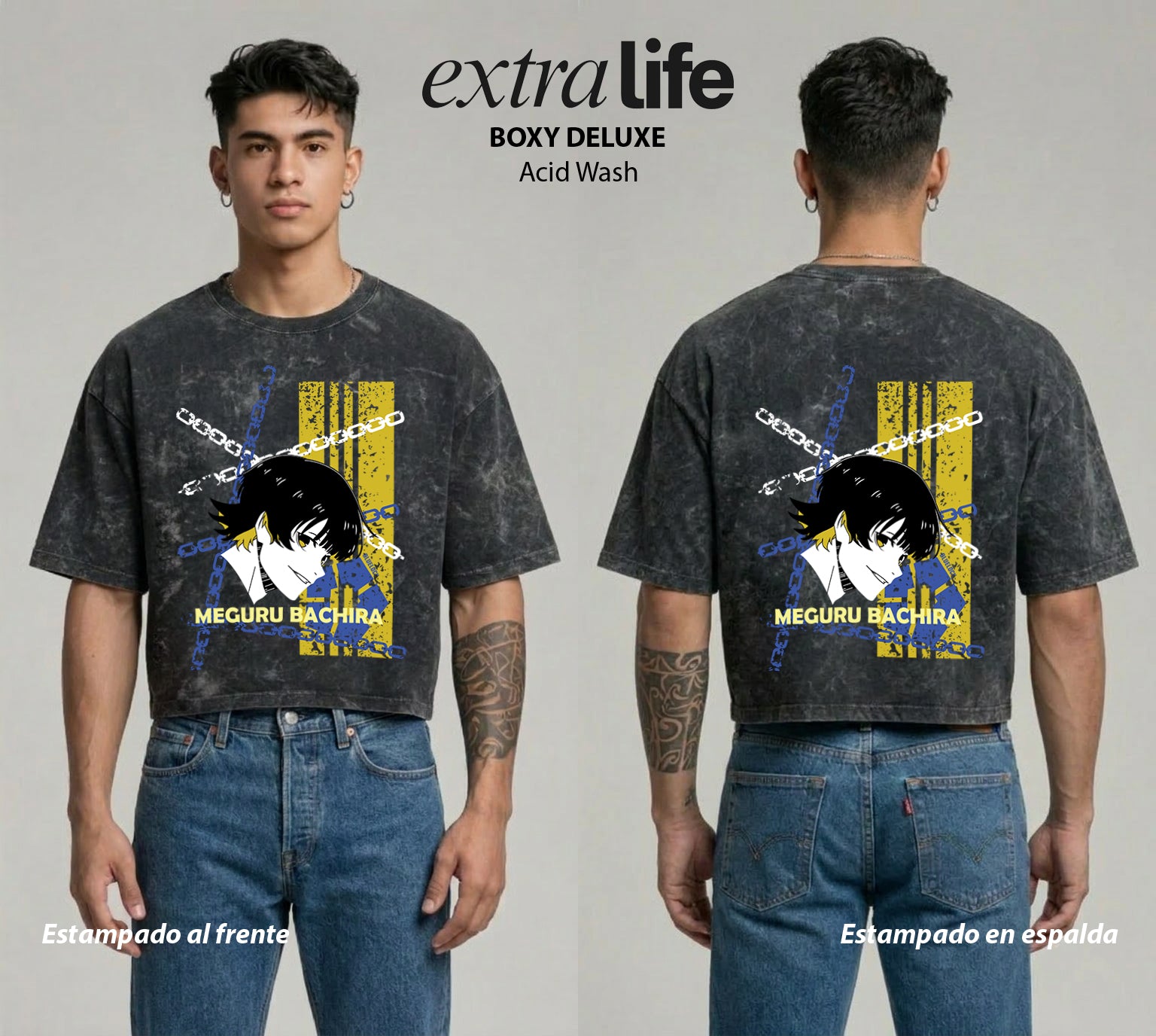 Playera streetwear premium de anime y gaming ExtraLife MX, corte boxy deluxe mineral wash heavyweight en color Acid Wash, moda urbana mexicana de culto.