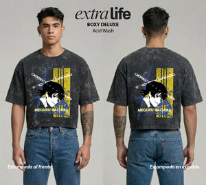 Playera streetwear premium de anime y gaming ExtraLife MX, corte boxy deluxe mineral wash heavyweight en color Acid Wash, moda urbana mexicana de culto.