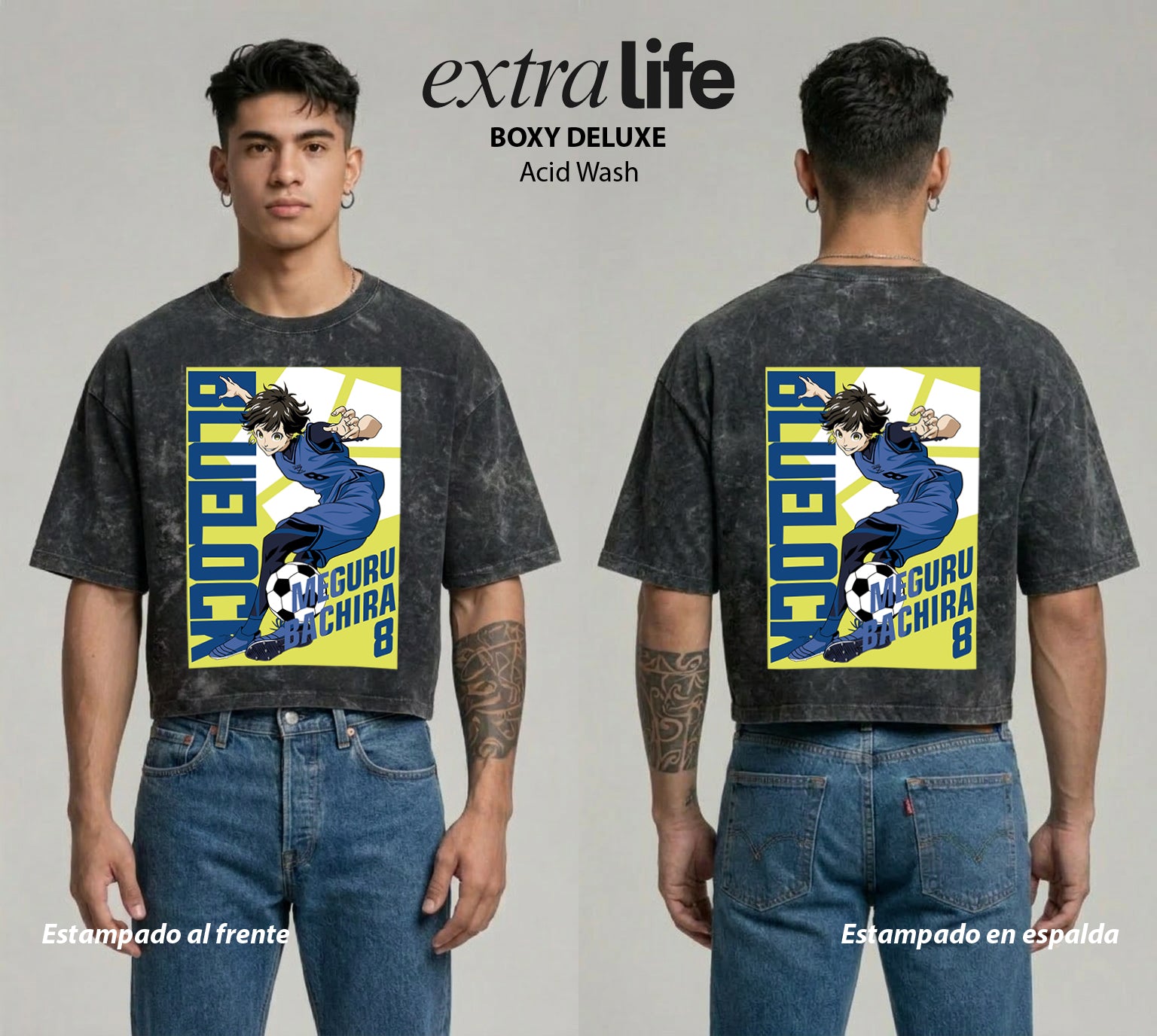 Playera streetwear premium de anime y gaming ExtraLife MX, corte boxy deluxe mineral wash heavyweight en color Acid Wash, moda urbana mexicana de culto.
