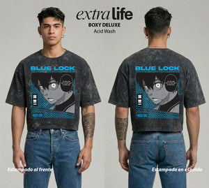 Playera streetwear premium de anime y gaming ExtraLife MX, corte boxy deluxe mineral wash heavyweight en color Acid Wash, moda urbana mexicana de culto.