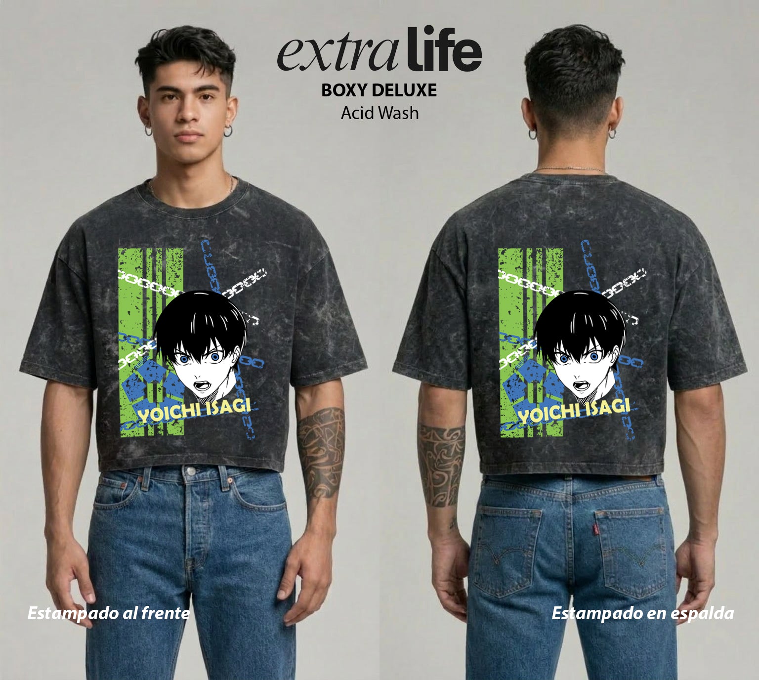 Playera streetwear premium de anime y gaming ExtraLife MX, corte boxy deluxe mineral wash heavyweight en color Acid Wash, moda urbana mexicana de culto.